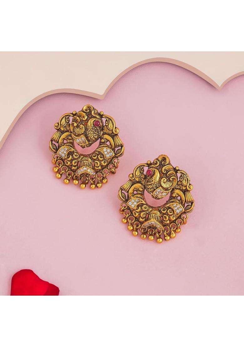 Kushals Fashion Jewellery Ruby Oxidised Gold Plated 925 Silver Temple Stud Earrings for Women - Indya