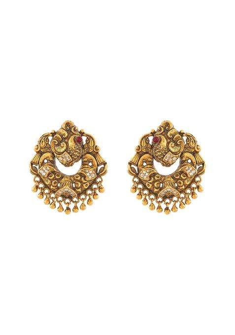Kushals Fashion Jewellery Ruby Oxidised Gold Plated 925 Silver Temple Stud Earrings for Women