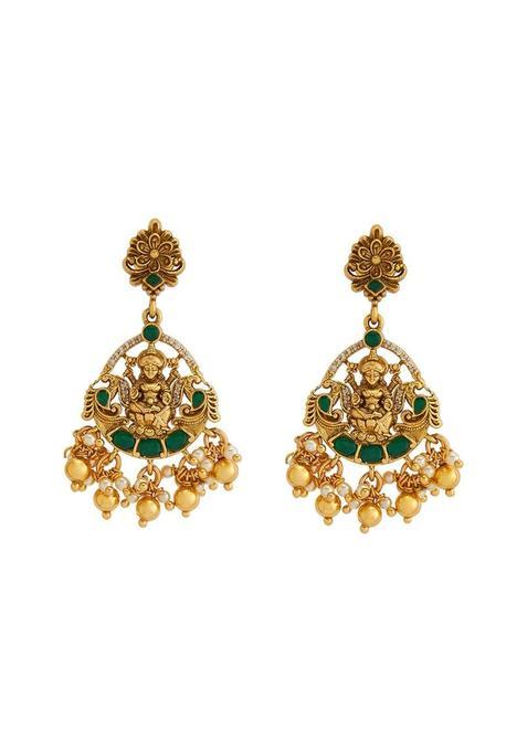 Kushals Fashion Jewellery Green Oxidised Gold Plated Ethnic 925 Pure Silver Temple Earring