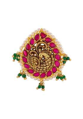 Kushals Fashion Jewellery Ruby Green Oxidised Gold Plated 925 Silver Temple Pendant for Women