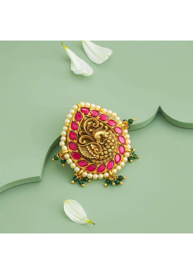 Kushals Fashion Jewellery Ruby Green Oxidised Gold Plated 925 Silver Temple Pendant for Women - Indya