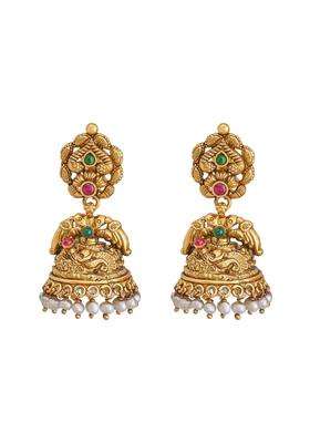 Kushals Fashion Jewellery Ruby Green Oxidised Gold Plated Ethnic 925 Pure Silver Temple Earring