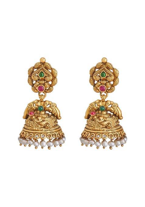 Kushals Fashion Jewellery Ruby Green Oxidised Gold Plated Ethnic 925 Pure Silver Temple Earring