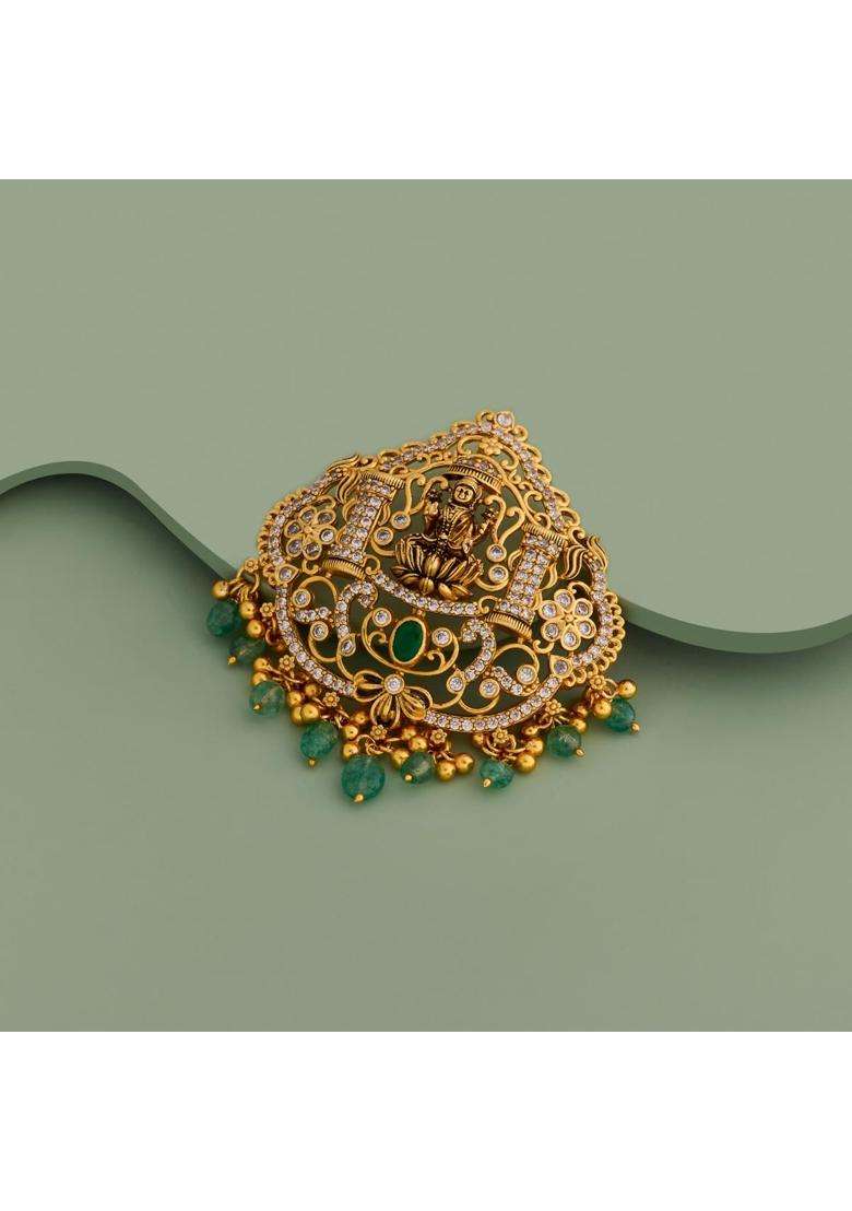 Kushals Fashion Jewellery Green Oxidised Gold Plated 925 Silver Temple Pendant for Women - Indya