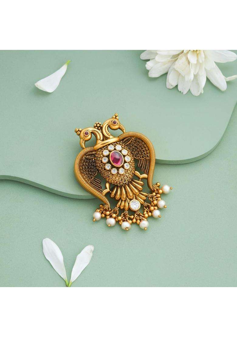 Kushals Fashion Jewellery Ruby Oxidised Gold Plated 925 Silver Temple Pendant for Women - Indya