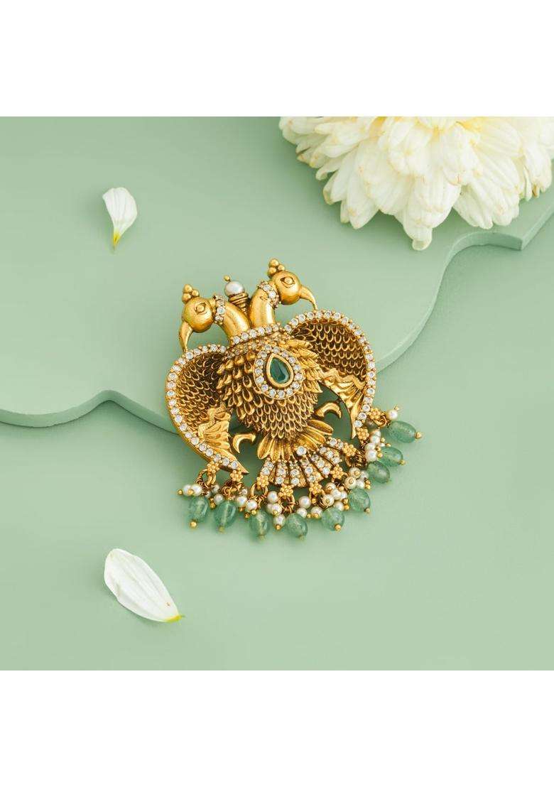 Kushals Fashion Jewellery Green Oxidised Gold Plated 925 Silver Temple Pendant for Women - Indya