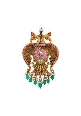 Kushals Fashion Jewellery Ruby Green Oxidised Gold Plated 925 Silver Temple Pendant for Women