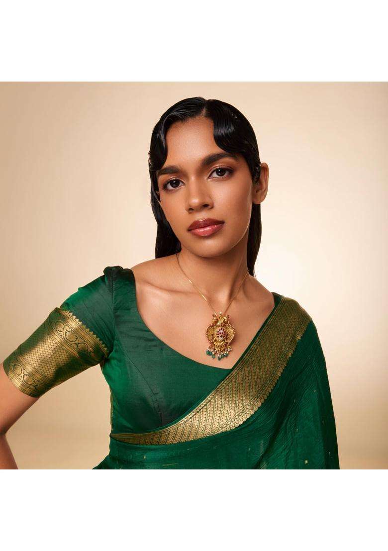 Kushals Fashion Jewellery Ruby Green Oxidised Gold Plated 925 Silver Temple Pendant for Women - Indya