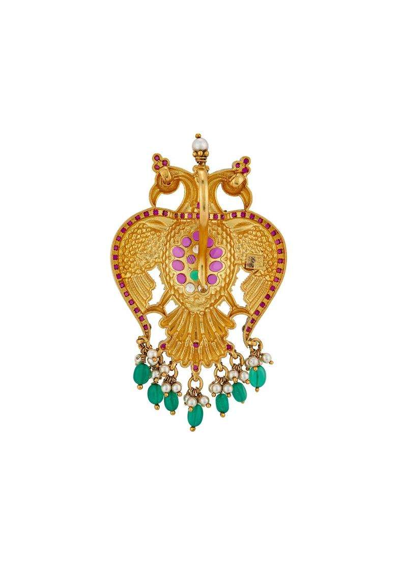 Kushals Fashion Jewellery Ruby Green Oxidised Gold Plated 925 Silver Temple Pendant for Women - Indya