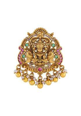 Kushals Fashion Jewellery Ruby Green Oxidised Gold Plated 925 Silver Temple Pendant for Women