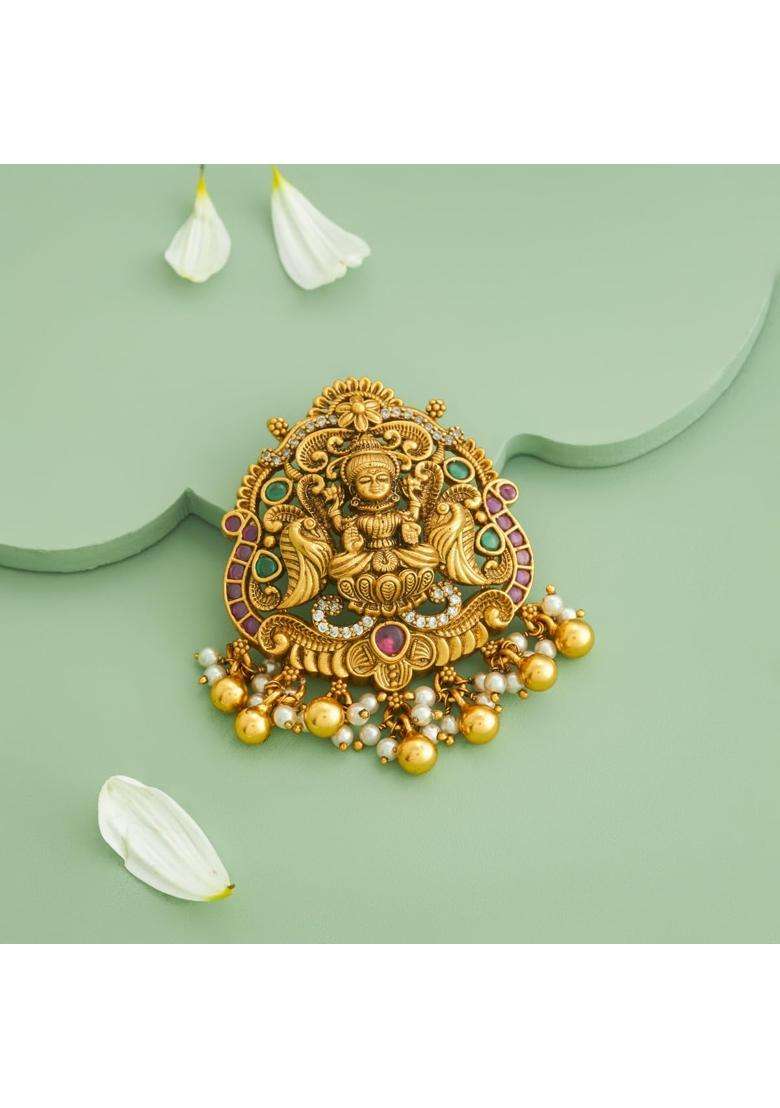 Kushals Fashion Jewellery Ruby Green Oxidised Gold Plated 925 Silver Temple Pendant for Women - Indya