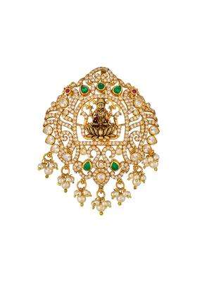 Kushals Fashion Jewellery Ruby Green Oxidised Gold Plated 925 Silver Temple Pendant for Women