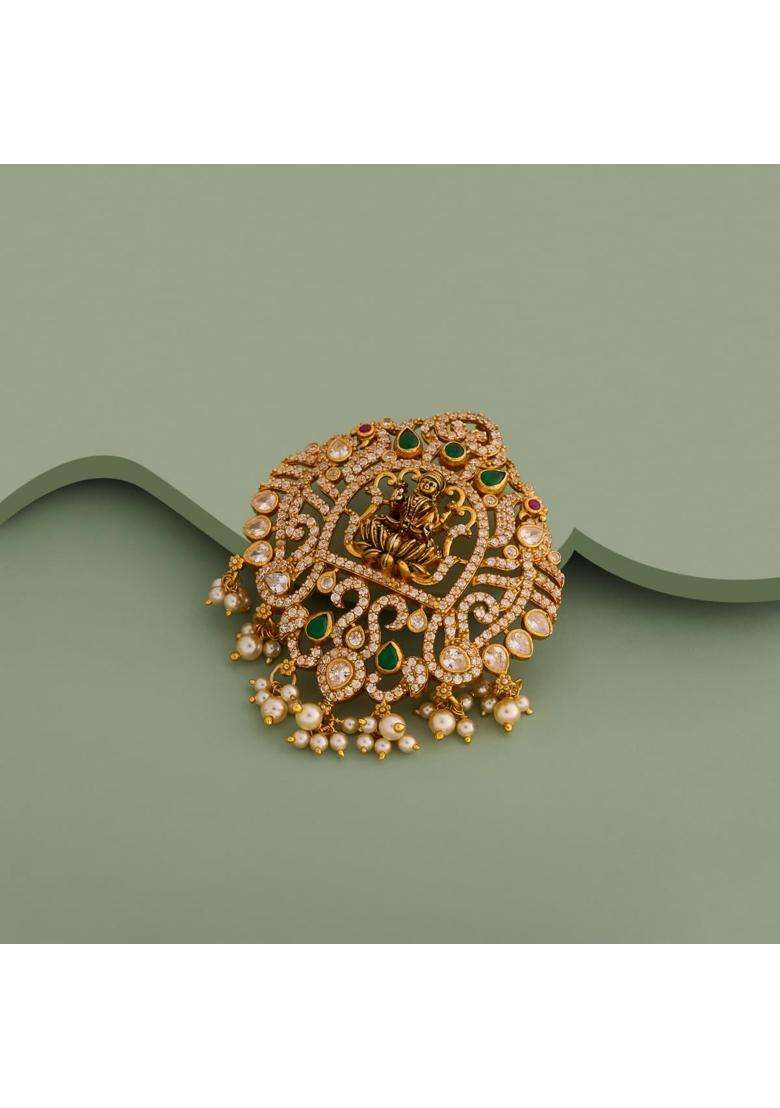 Kushals Fashion Jewellery Ruby Green Oxidised Gold Plated 925 Silver Temple Pendant for Women - Indya