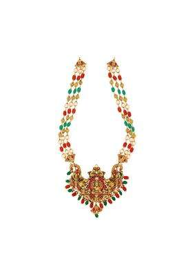 Kushals Fashion Jewellery Ruby Green Orange Oxidised Gold Plated 925 Silver Temple Layered Necklace for Women
