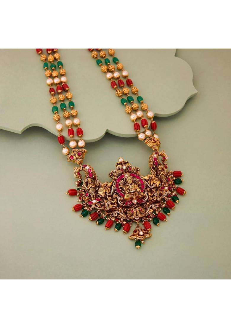 Kushals Fashion Jewellery Ruby Green Orange Oxidised Gold Plated 925 Silver Temple Layered Necklace for Women - Indya