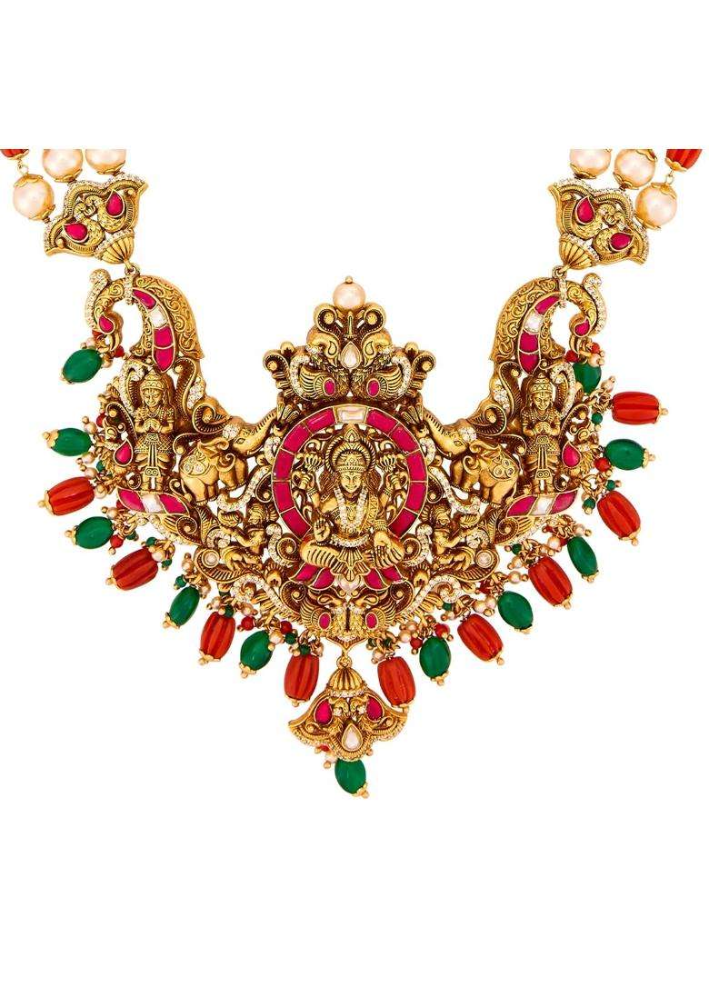 Kushals Fashion Jewellery Ruby Green Orange Oxidised Gold Plated 925 Silver Temple Layered Necklace for Women - Indya