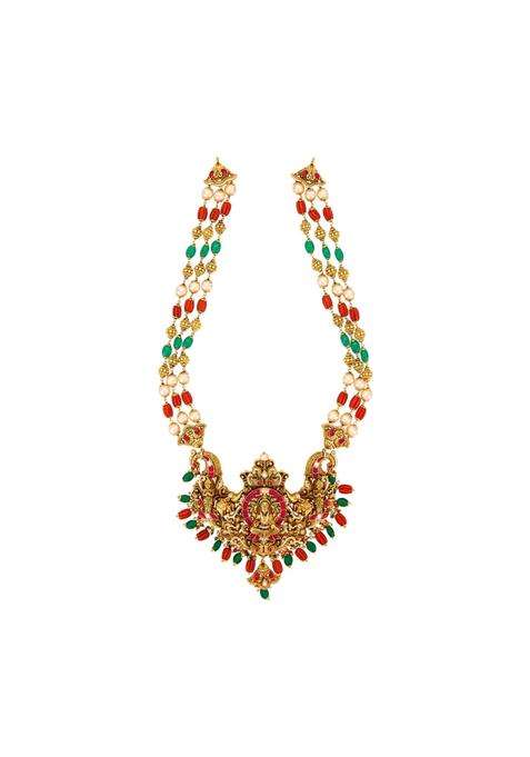 Kushals Fashion Jewellery Ruby Green Orange Oxidised Gold Plated 925 Silver Temple Layered Necklace for Women