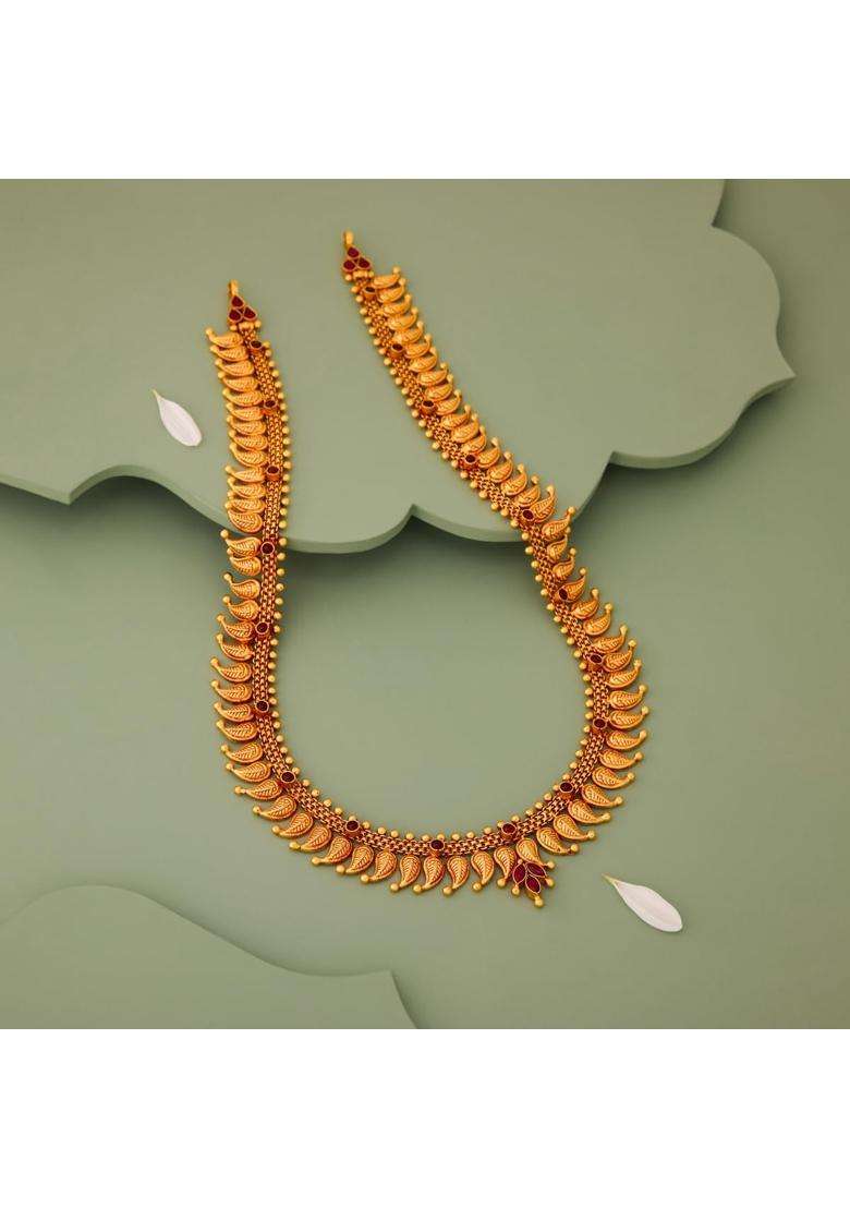 Kushals Fashion Jewellery Ruby Gold Plated 925 Silver Temple Long Necklace for Women - Indya