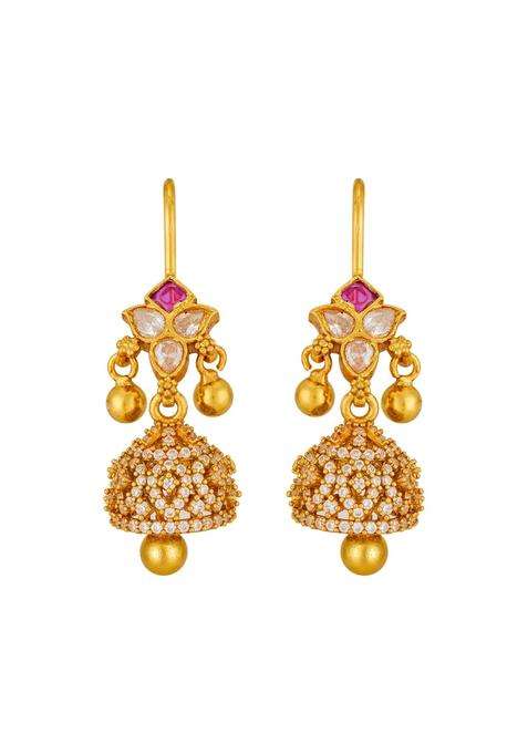 Kushals Fashion Jewellery Ruby Gold Plated 925 Silver Temple Jhumka Earrings for Women