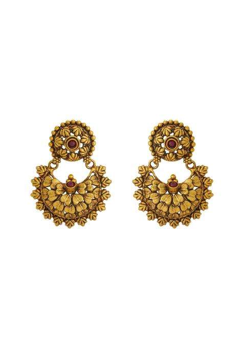 Kushals Fashion Jewellery Ruby Oxidised Gold Plated 925 Silver Temple Chand Bali Earrings for Women