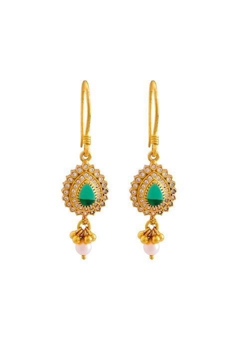 Kushals Fashion Jewellery Green Gold Plated 925 Silver Temple Hanging Earring Set for Women