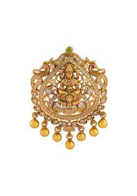 Kushals Fashion Jewellery Ruby Green Oxidised Gold Plated 925 Silver Temple Pendant for Women