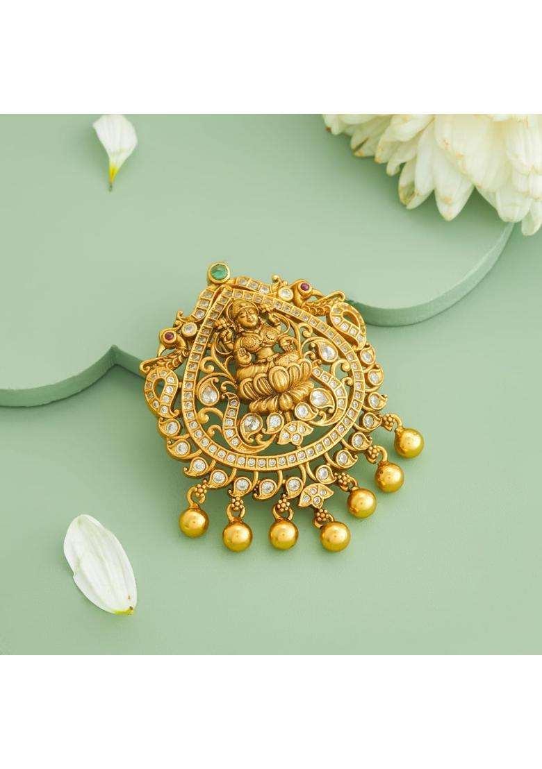 Kushals Fashion Jewellery Ruby Green Oxidised Gold Plated 925 Silver Temple Pendant for Women - Indya