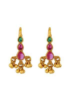 Kushals Fashion Jewellery Ruby Green Gold Plated 925 Silver Temple Hanging Earrings for Women