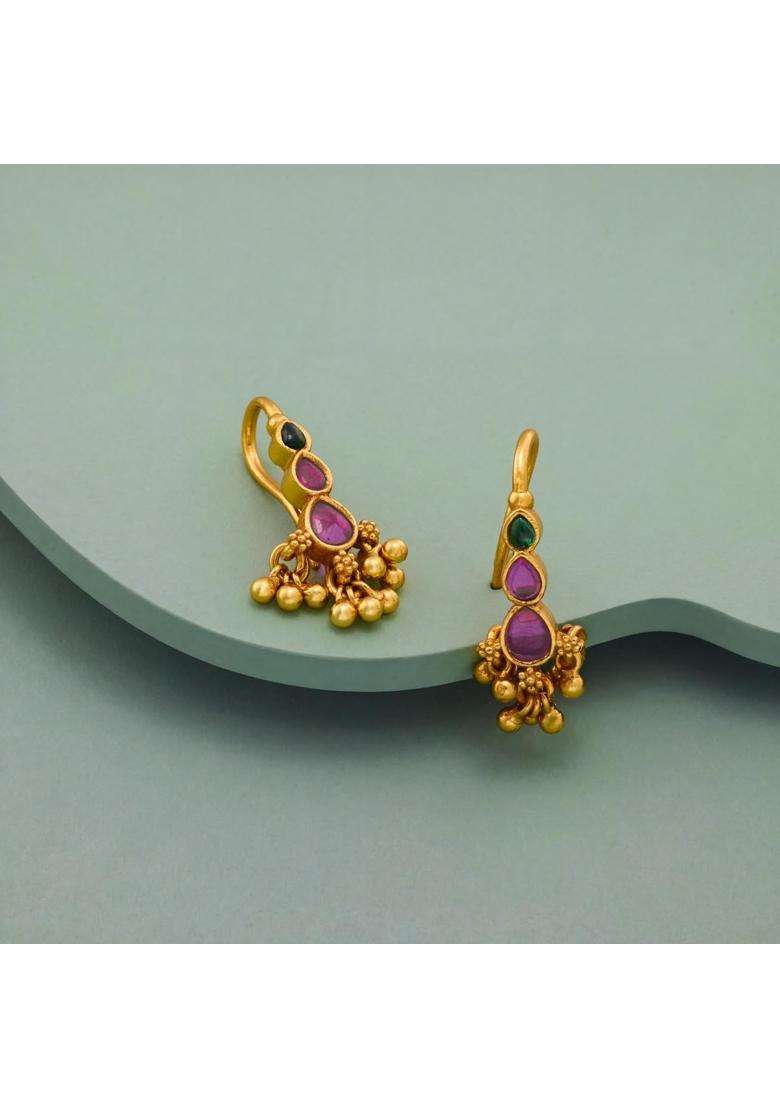 Kushals Fashion Jewellery Ruby Green Gold Plated 925 Silver Temple Hanging Earrings for Women - Indya