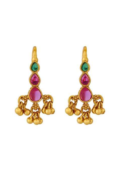 Kushals Fashion Jewellery Ruby Green Gold Plated 925 Silver Temple Hanging Earrings for Women