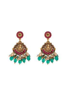 Kushals Fashion Jewellery Ruby Green Oxidised Gold Plated 925 Silver Temple Hanging Earrings for Women