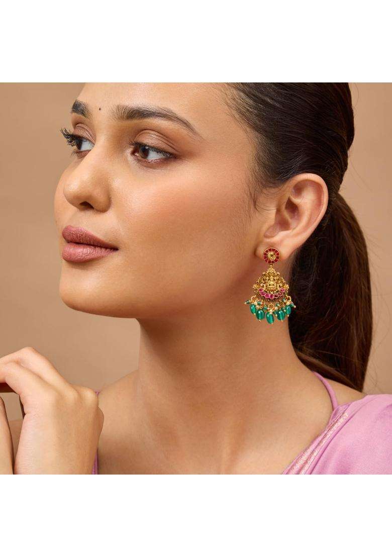 Kushals Fashion Jewellery Ruby Green Oxidised Gold Plated 925 Silver Temple Hanging Earrings for Women - Indya