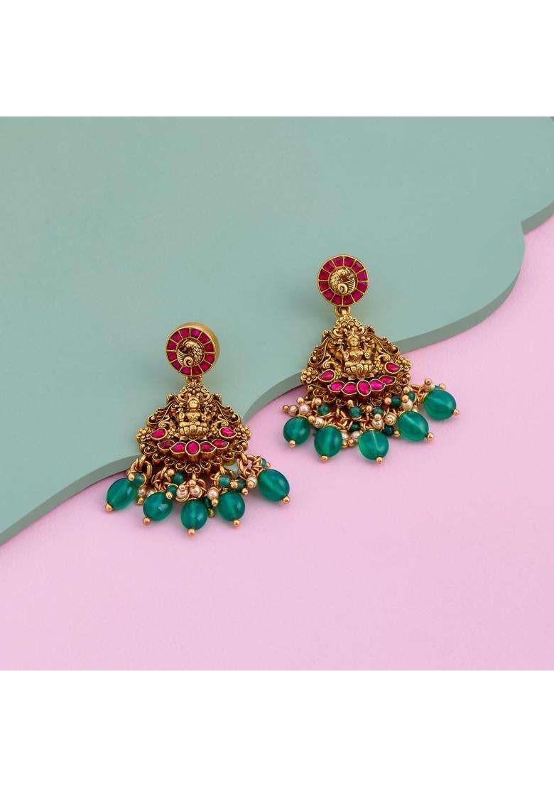 Kushals Fashion Jewellery Ruby Green Oxidised Gold Plated 925 Silver Temple Hanging Earrings for Women - Indya