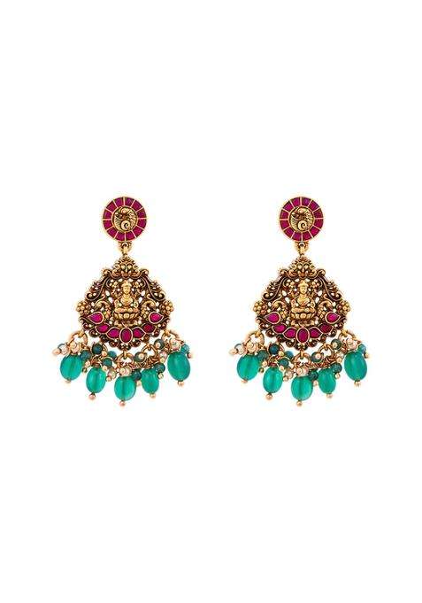 Kushals Fashion Jewellery Ruby Green Oxidised Gold Plated 925 Silver Temple Hanging Earrings for Women