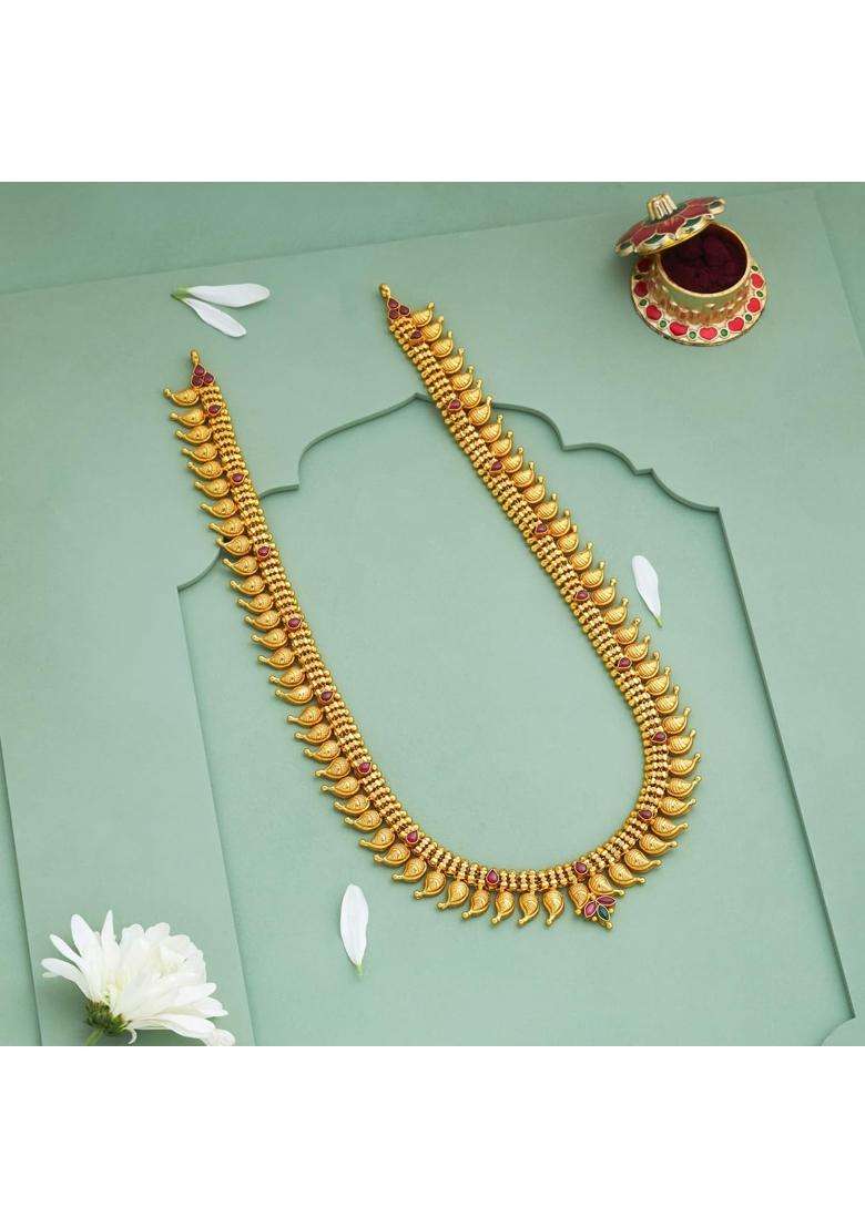 Kushals Fashion Jewellery Ruby Green Gold Plated 925 Silver Temple Long Necklace for Women - Indya