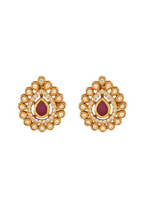 Kushals Fashion Jewellery Ruby Gold Plated 925 Silver Temple Stud Earrings for Women