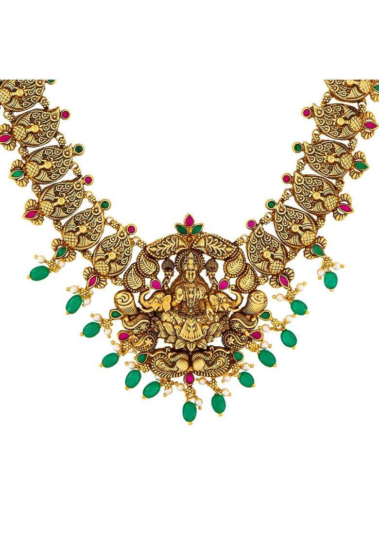 Kushals Fashion Jewellery Ruby Green Oxidised Gold Plated 925 Silver Temple Long Necklace for Women - Indya