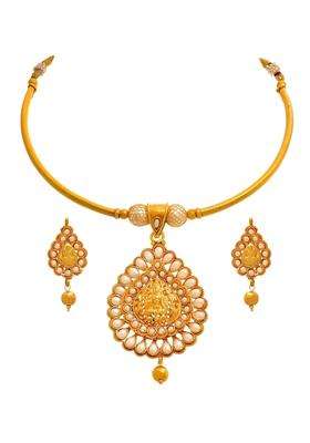 JFL Traditional Ethnic One Gram Gold Plated Temple Goddess Laxmi Pearl Designer Necklace Set for Women