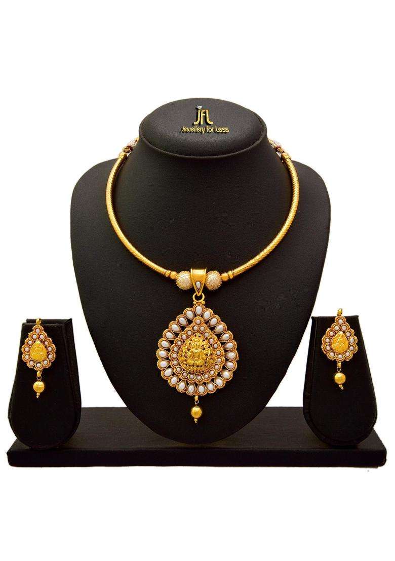 JFL Traditional Ethnic One Gram Gold Plated Temple Goddess Laxmi Pearl Designer Necklace Set for Women - Indya