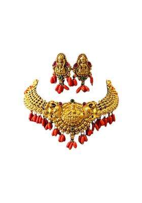 Gold Plated Multi Layer Beaded Necklace with Jhumka Earrings South Indian Temple Bridal Jewellery Set