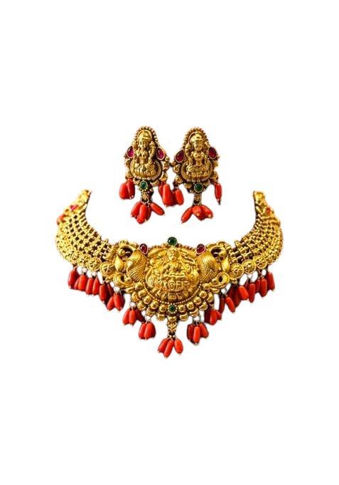 Gold Plated Multi Layer Beaded Necklace with Jhumka Earrings South Indian Temple Bridal Jewellery Set