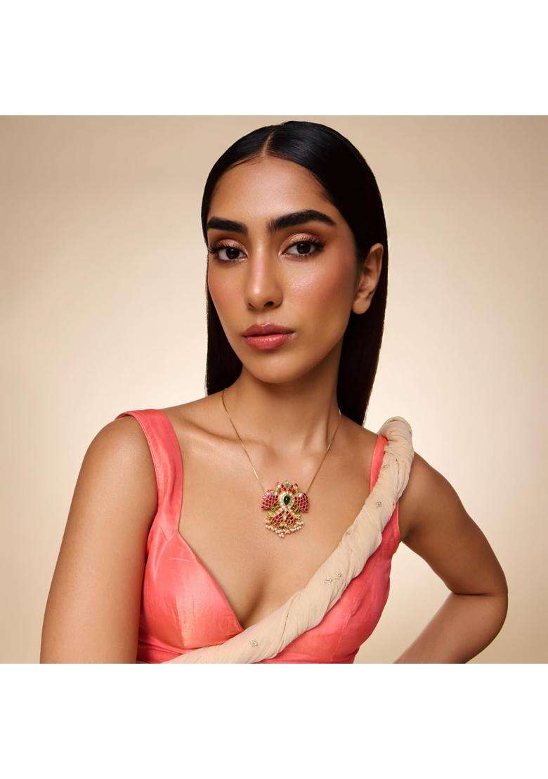 Kushals Fashion Jewellery Ruby Green Gold Plated 925 Silver Temple Pendant for Women - Indya