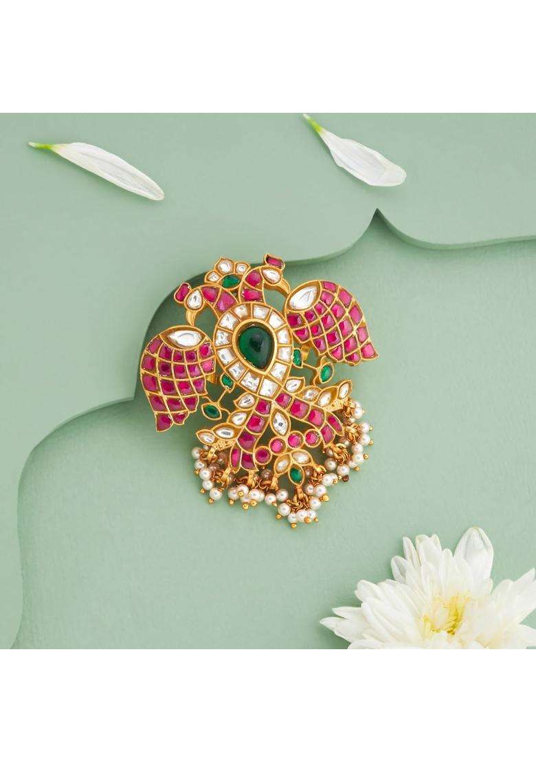 Kushals Fashion Jewellery Ruby Green Gold Plated 925 Silver Temple Pendant for Women - Indya