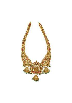 Kushals Fashion Jewellery Ruby Green Oxidised Gold Plated 925 Silver Temple Long Necklace for Women