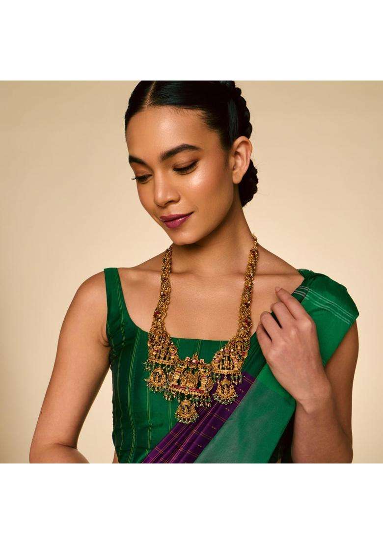 Kushals Fashion Jewellery Ruby Green Oxidised Gold Plated 925 Silver Temple Long Necklace for Women - Indya