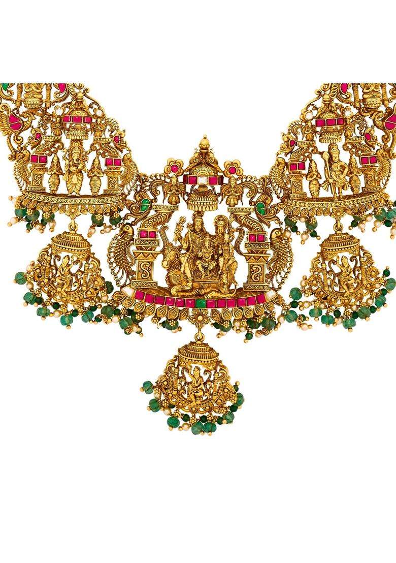 Kushals Fashion Jewellery Ruby Green Oxidised Gold Plated 925 Silver Temple Long Necklace for Women - Indya