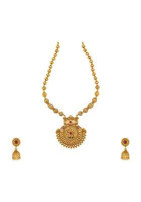 Kushals Fashion Jewellery Ruby Gold Plated Antique Necklace Set with Jhumka Earrings for Women