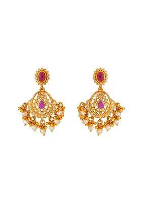 Kushals Fashion Jewellery Ruby Gold Plated 925 Silver Temple Hanging Earrings for Women