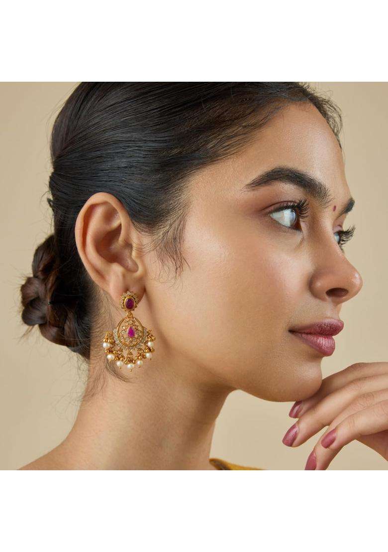 Kushals Fashion Jewellery Ruby Gold Plated 925 Silver Temple Hanging Earrings for Women - Indya