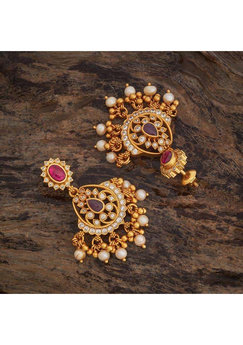 Kushals Fashion Jewellery Ruby Gold Plated 925 Silver Temple Hanging Earrings for Women - Indya